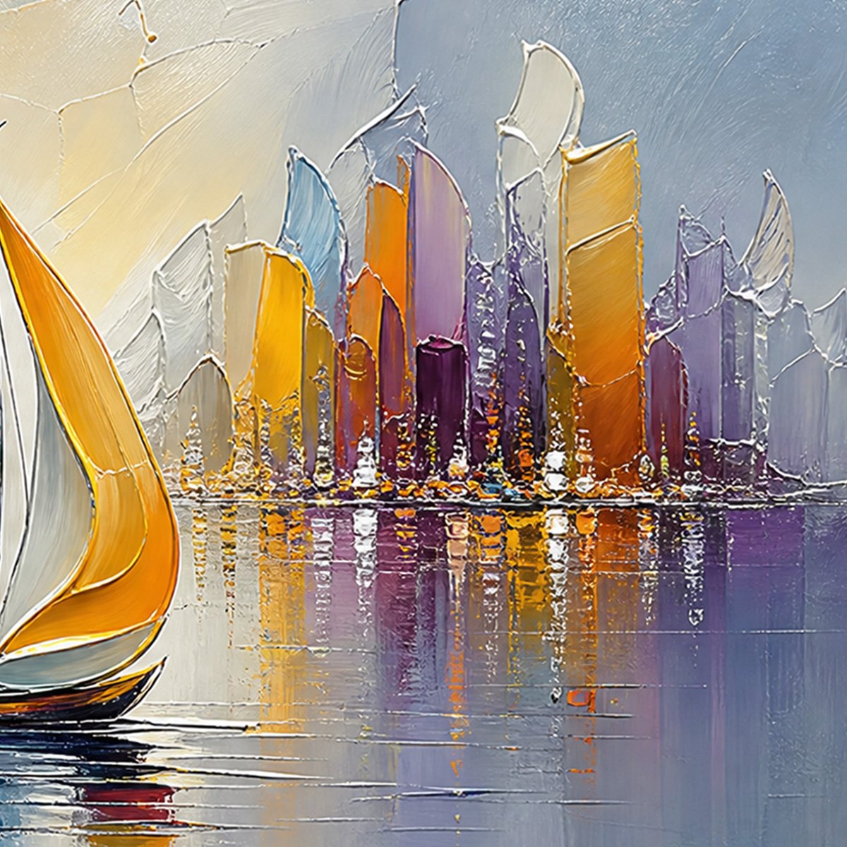 VIBRANT VOYAGE: Textured Abstract Cityscape Sailboat Painting