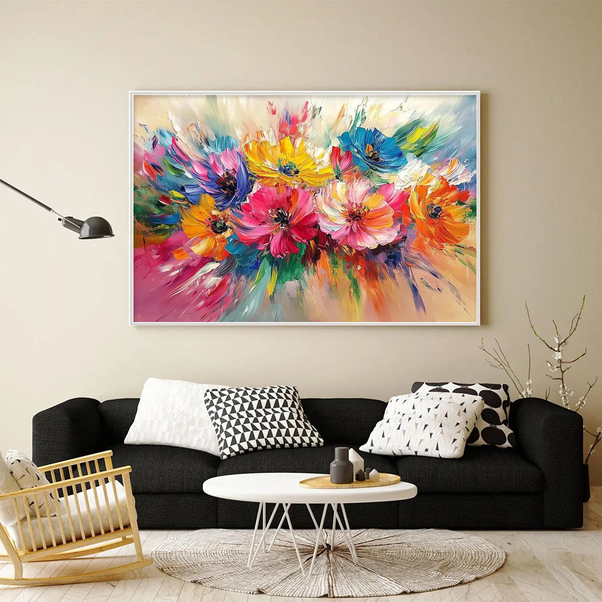 VIBRANT BLOOM: Panoramic Impasto Floral Oil Painting in Vibrant Multicolor