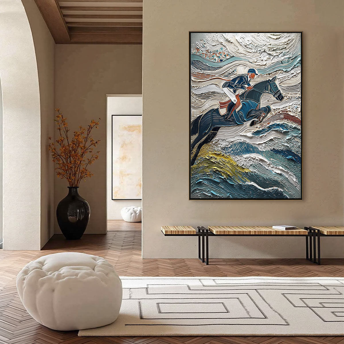 VICTORY'S EDGE: Heavily Textured Impasto Equestrian Sports Painting