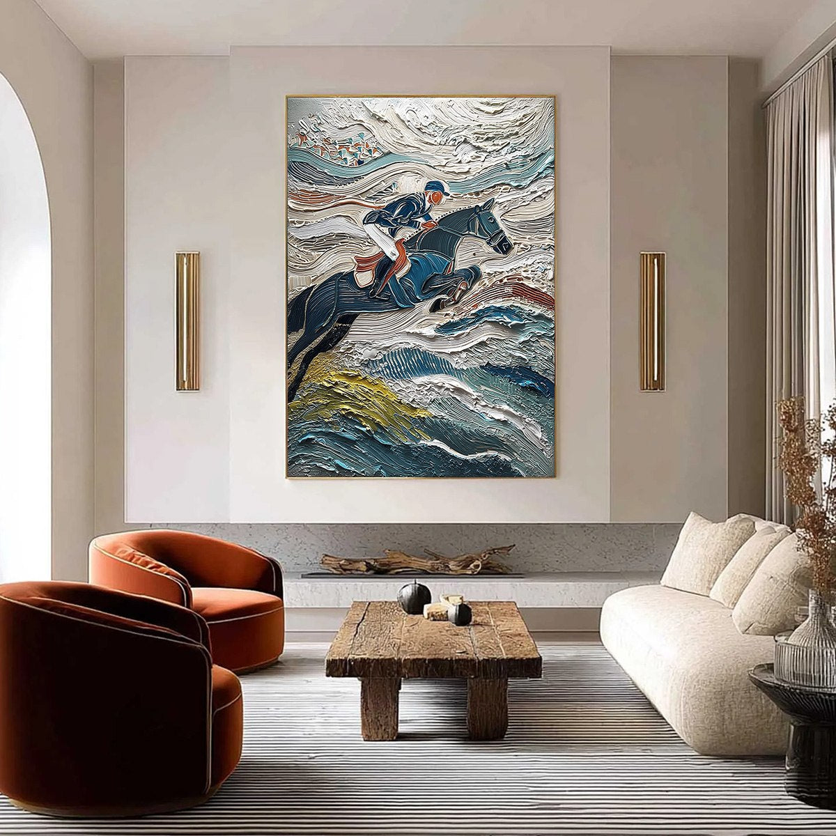 Victory's Edge: Textured Horse Jumping Oil Painting for Wall Art