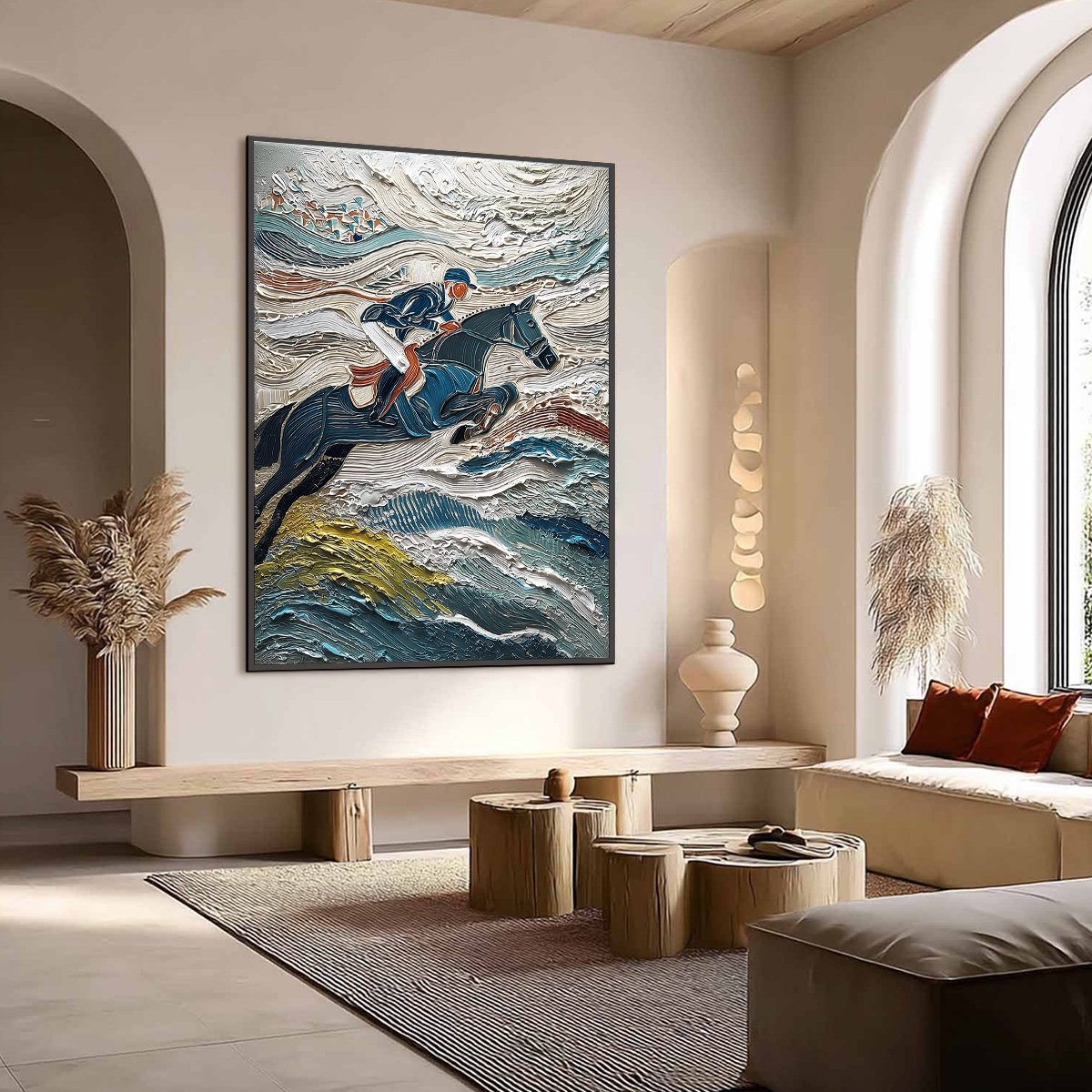 VICTORY'S EDGE: Heavily Textured Impasto Equestrian Sports Painting