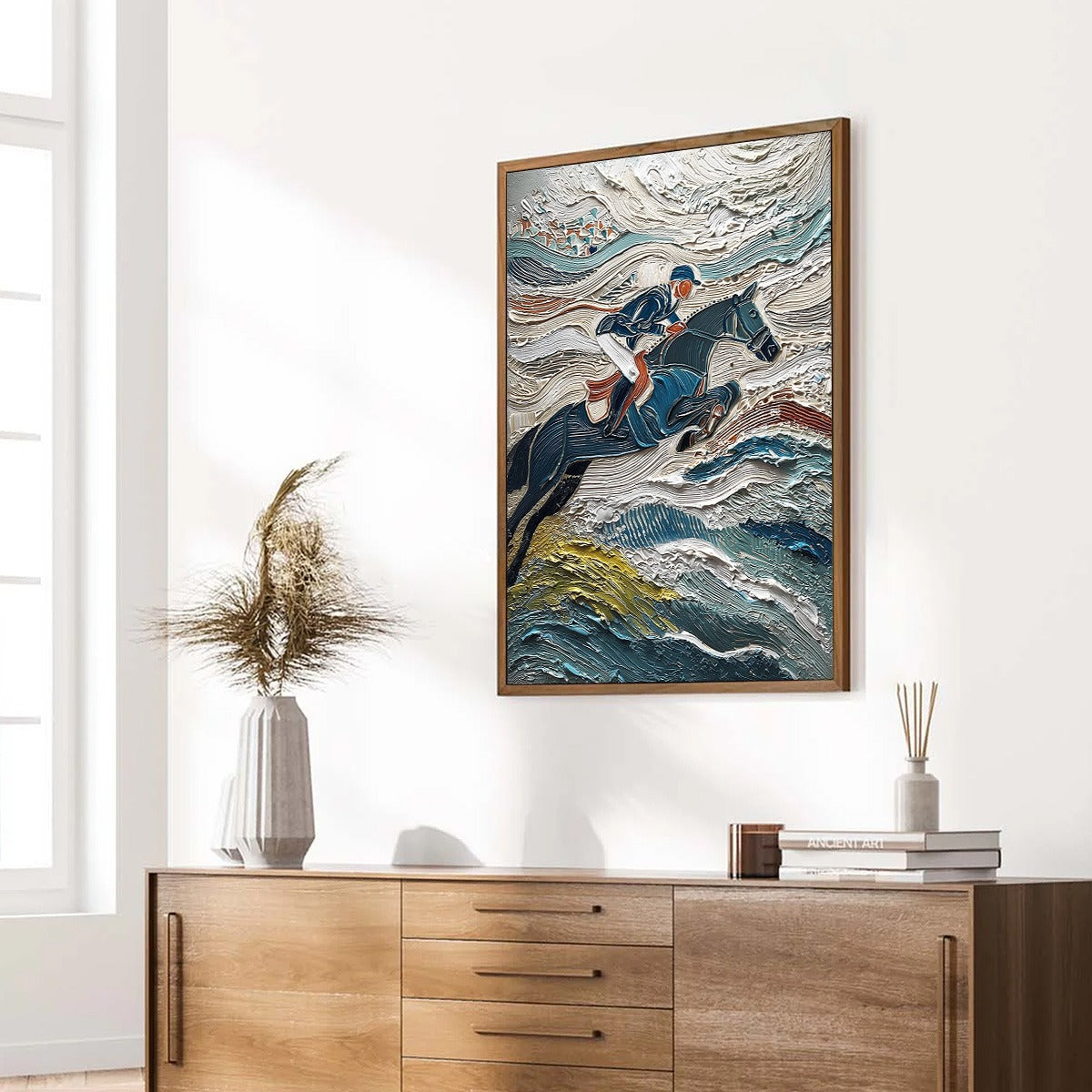 VICTORY'S EDGE: Heavily Textured Impasto Equestrian Sports Painting