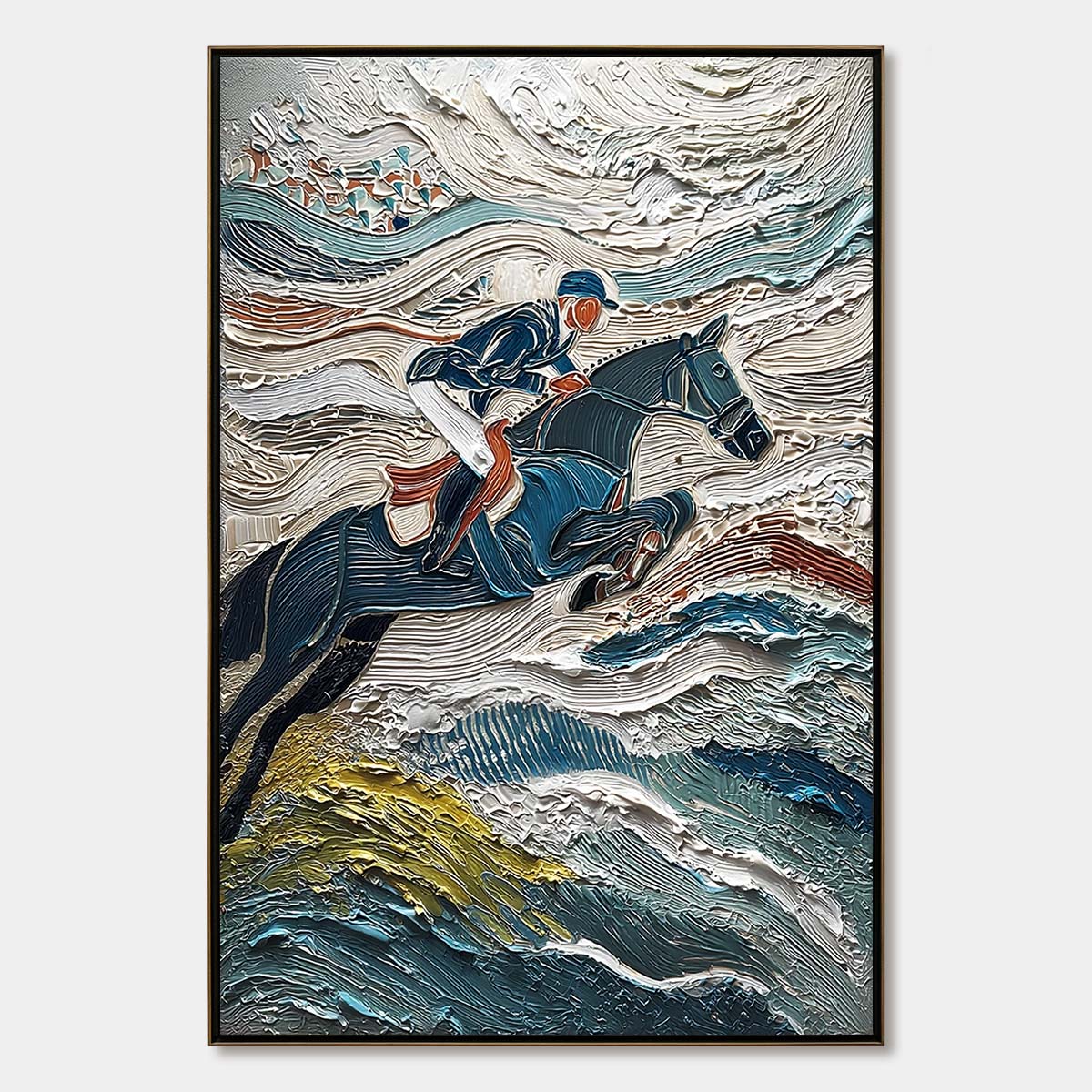 Victory's Edge: Textured Horse Jumping Oil Painting for Wall Art