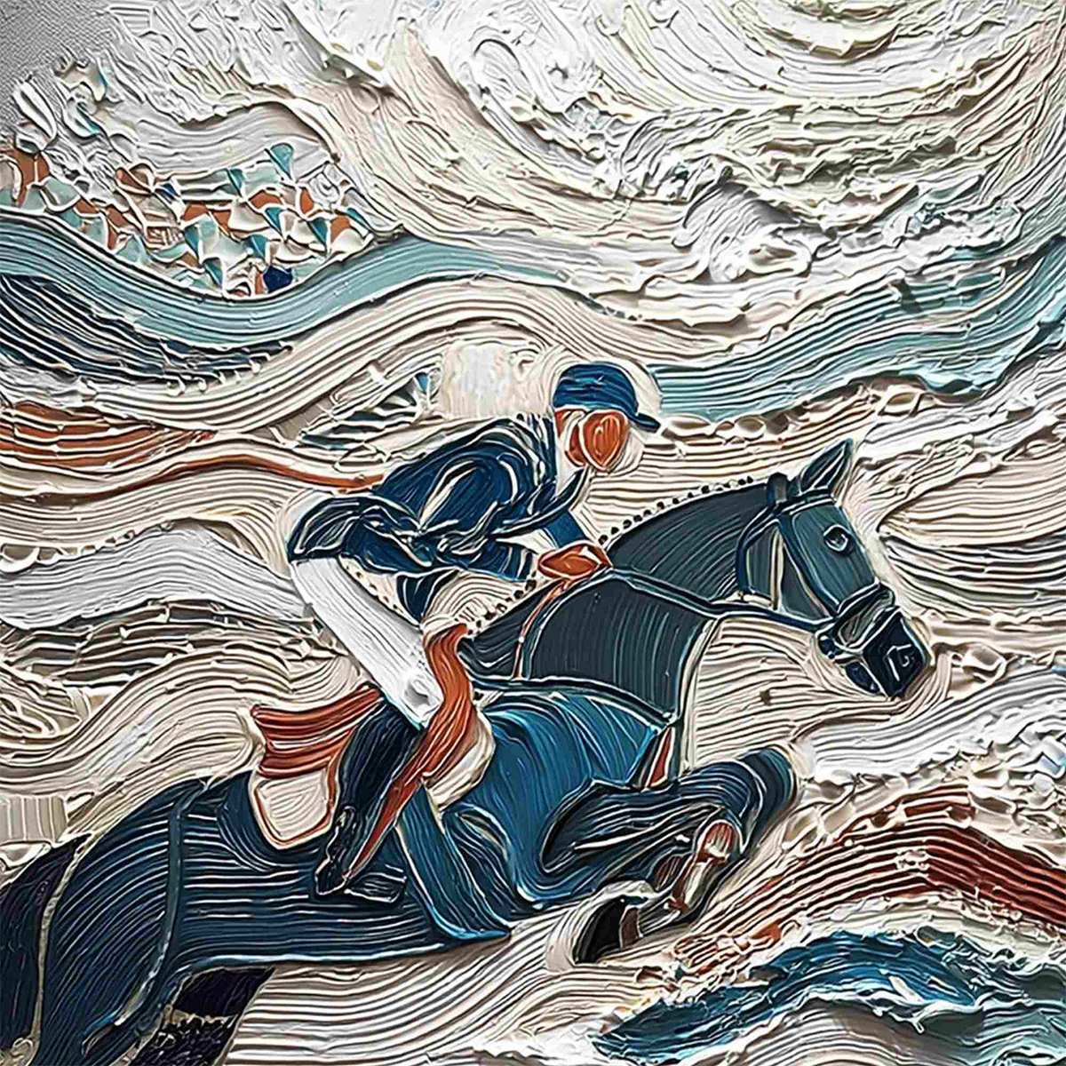 Victory's Edge: Textured Horse Jumping Oil Painting for Wall Art