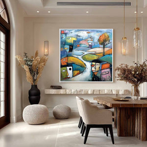 VILLAGE OF EYES: Colorful Abstract Figurative Cityscape Painting