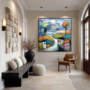 VILLAGE OF EYES: Colorful Abstract Figurative Cityscape Painting