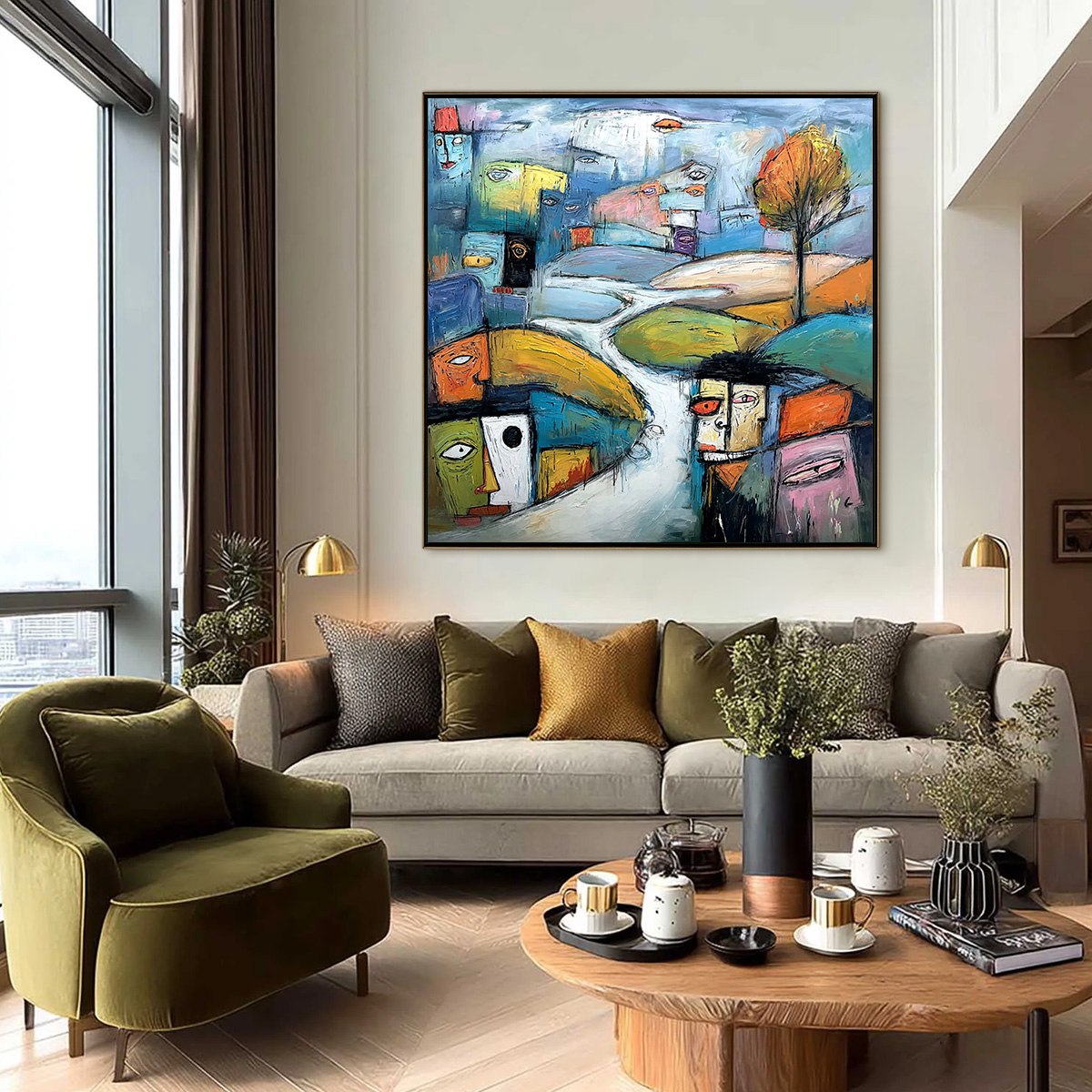 VILLAGE OF EYES: Colorful Abstract Figurative Cityscape Painting