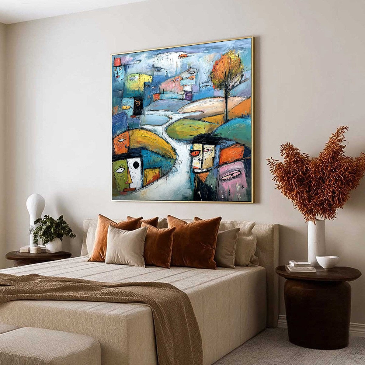 VILLAGE OF EYES: Colorful Abstract Figurative Cityscape Painting