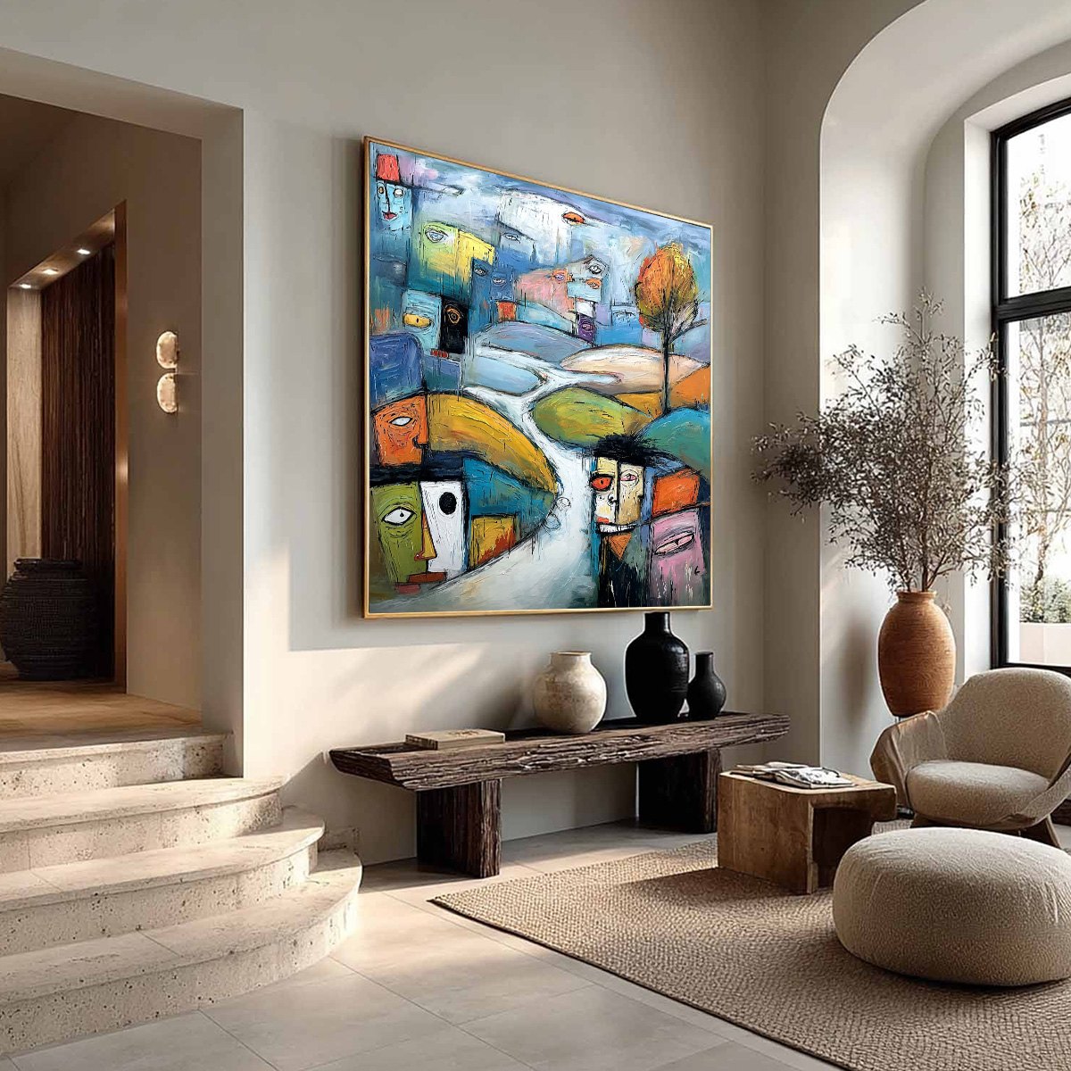 VILLAGE OF EYES: Colorful Abstract Figurative Cityscape Painting