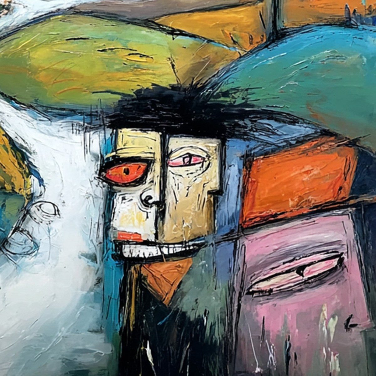 VILLAGE OF EYES: Colorful Abstract Figurative Cityscape Painting