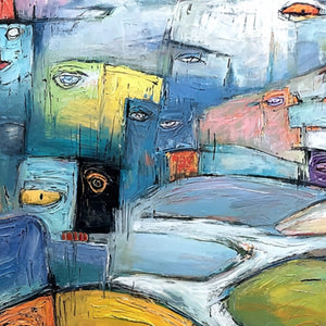VILLAGE OF EYES: Colorful Abstract Figurative Cityscape Painting