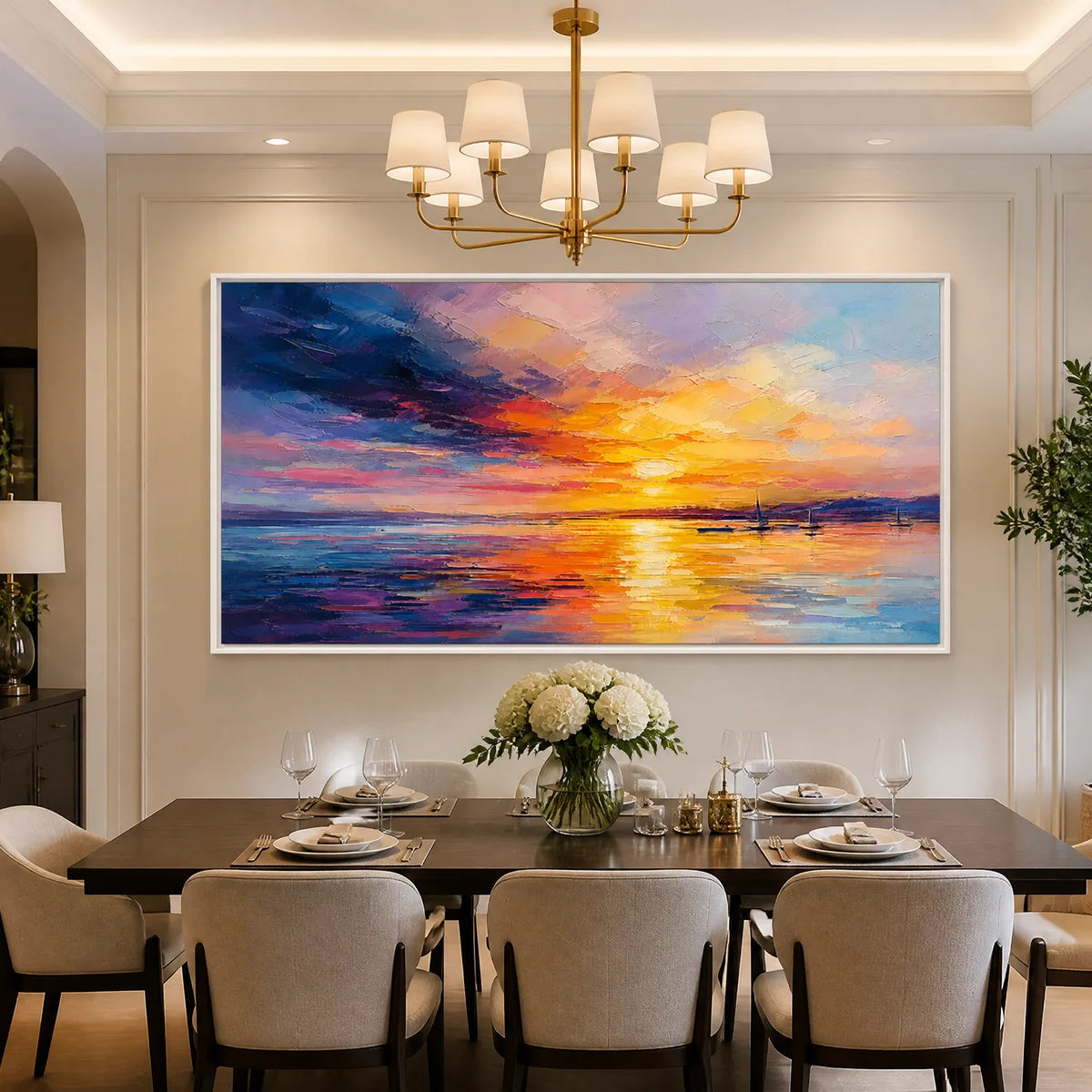 Sunset Seascape, textured canvas art with white frame displayed in a refined dining room.