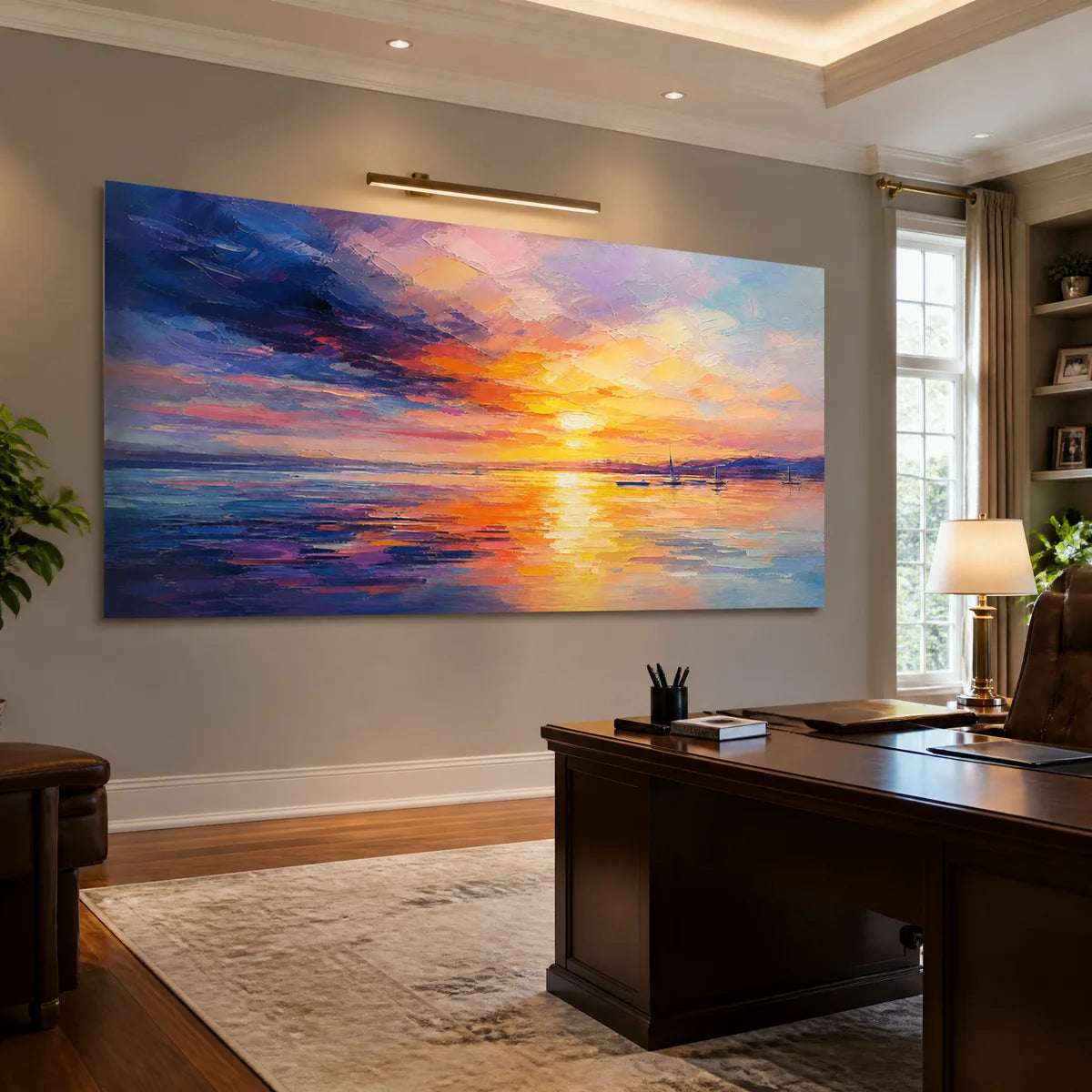 Sunset Seascape, gallery-wrapped abstract landscape art displayed in a refined office.