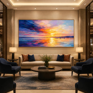Sunset Seascape, large-scale impasto oil painting with wooden frame displayed in a refined hotel lobby.