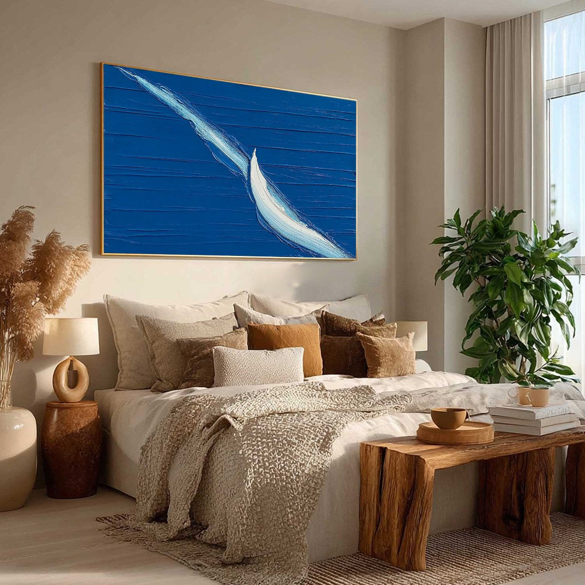 VOYAGE minimalist abstract sailboat handmade oil painting, textured impasto.