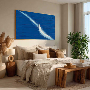 VOYAGE minimalist abstract sailboat handmade oil painting, textured impasto.