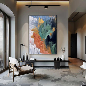 Original abstract oil painting 'Verdant Shore' with textured gold leaf accents.