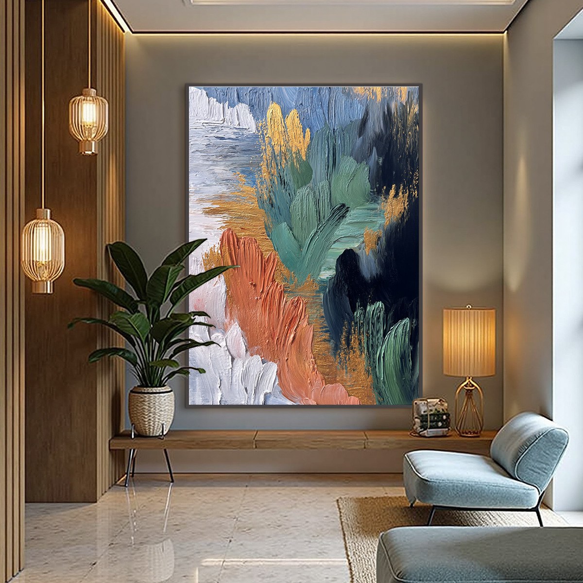 Modern wall art: 'Verdant Shore' original textured oil painting with gold leaf