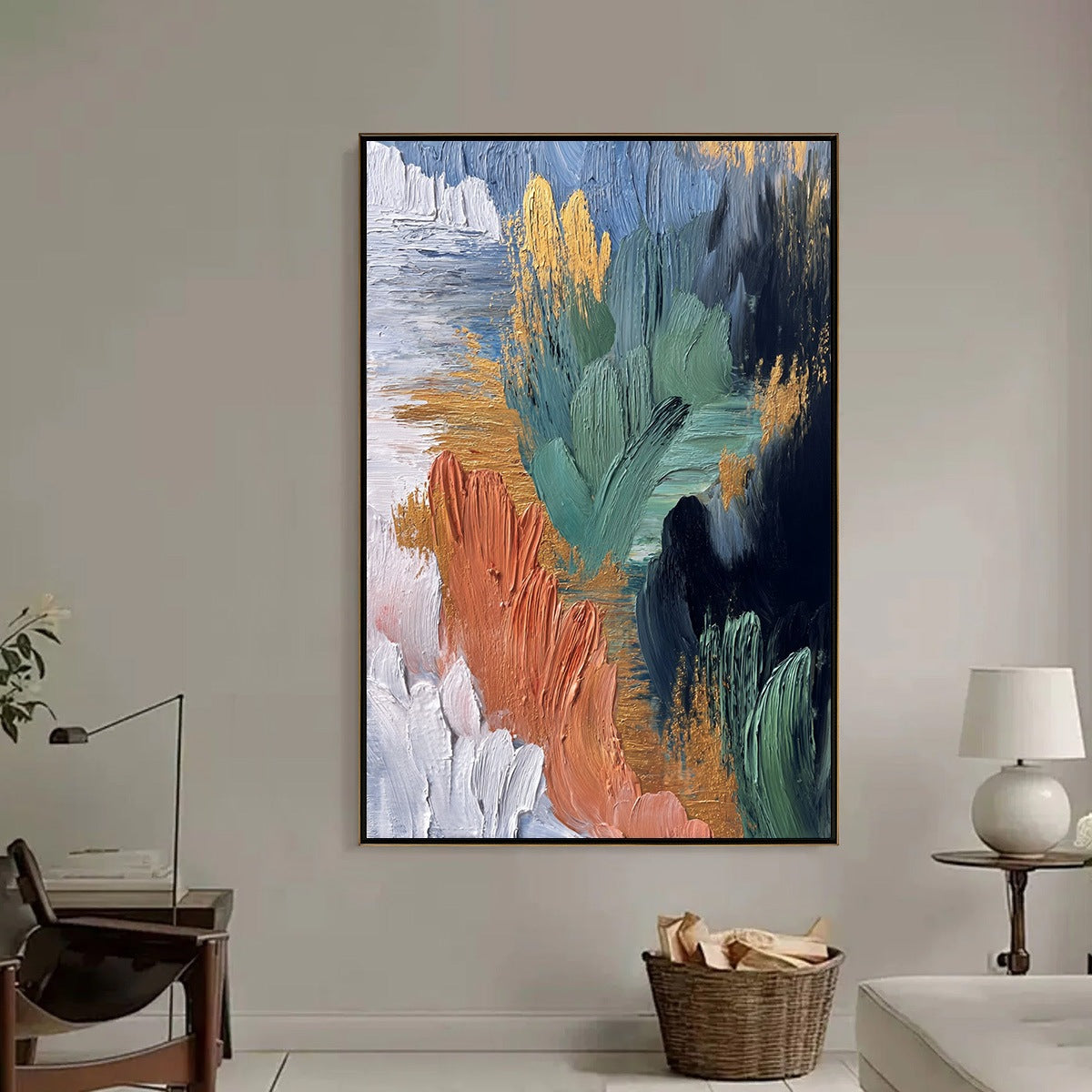 Verdant Shore: Textured abstract oil painting with gold leaf, teal, terracotta.