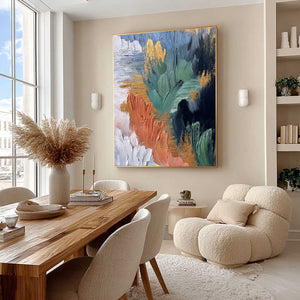 Textured abstract oil painting with gold leaf, teal, terracotta, white, deep blue strokes.