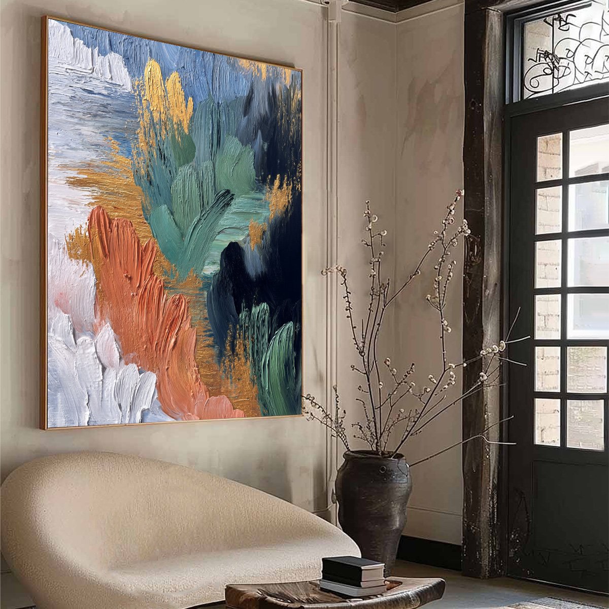 Modern wall art: Verdant Shore original abstract oil painting with gold