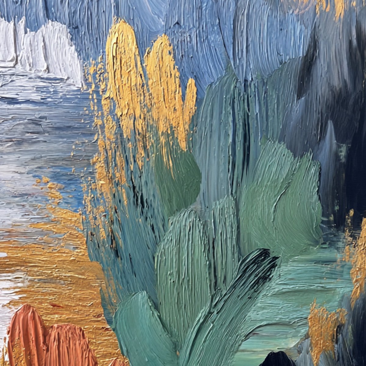 Original textured oil painting 'Verdant Shore' with gold leaf, teal, and green.