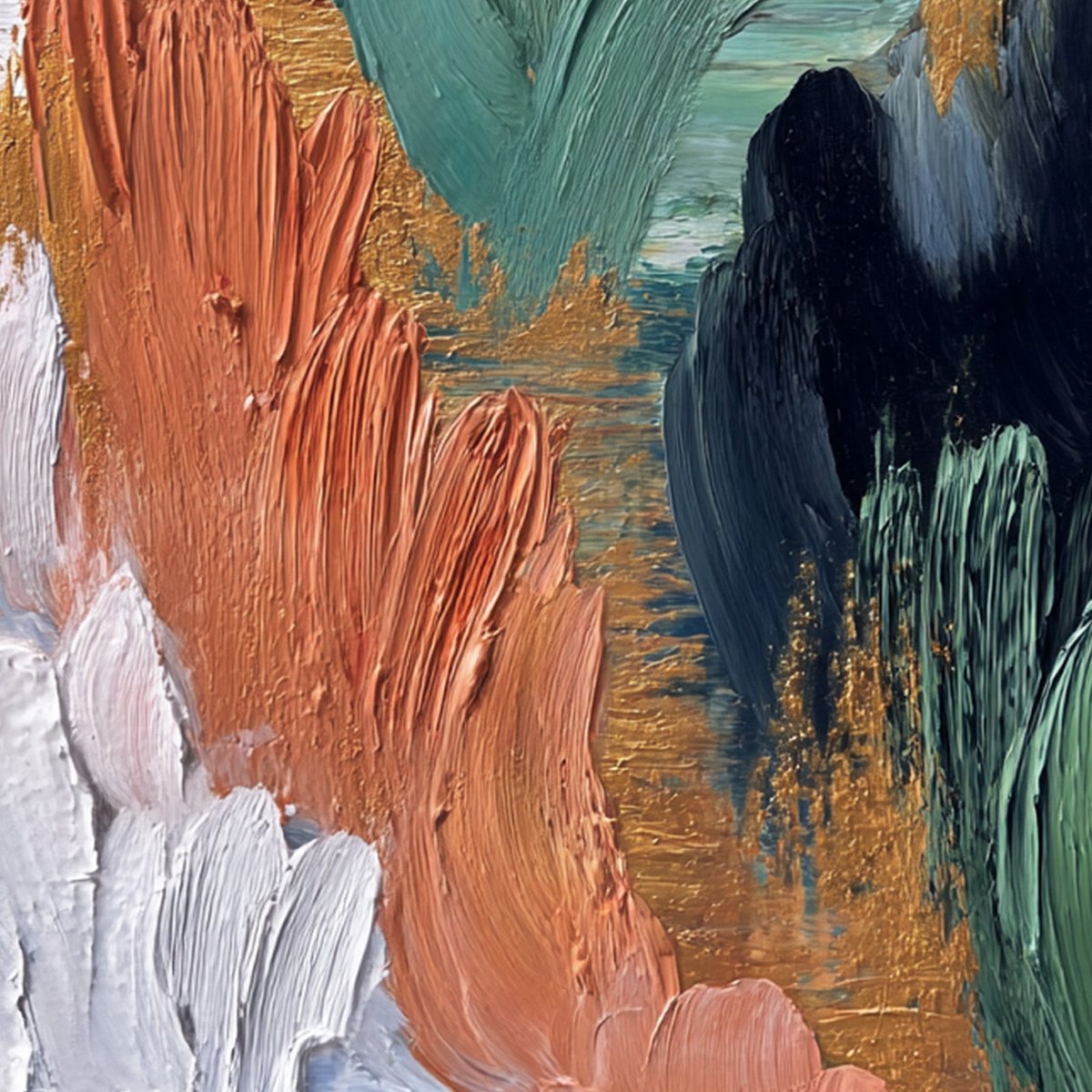 Verdant Shore: textured abstract oil painting with gold leaf, teal, terracotta.