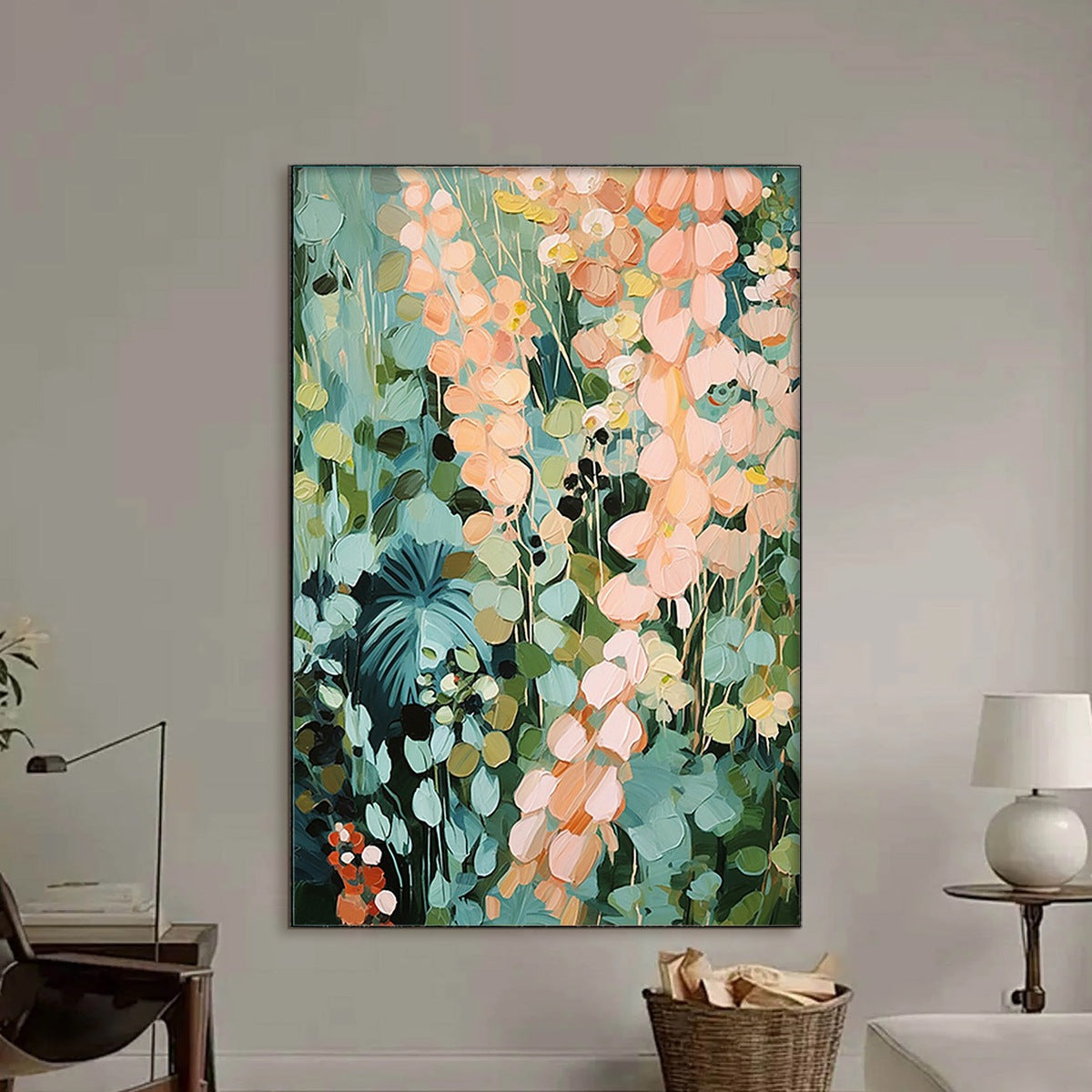Secret Garden: Vertical Abstract Floral Painting | Textured Green & Pink Garden | Living Room, Bedroom, Dining Room