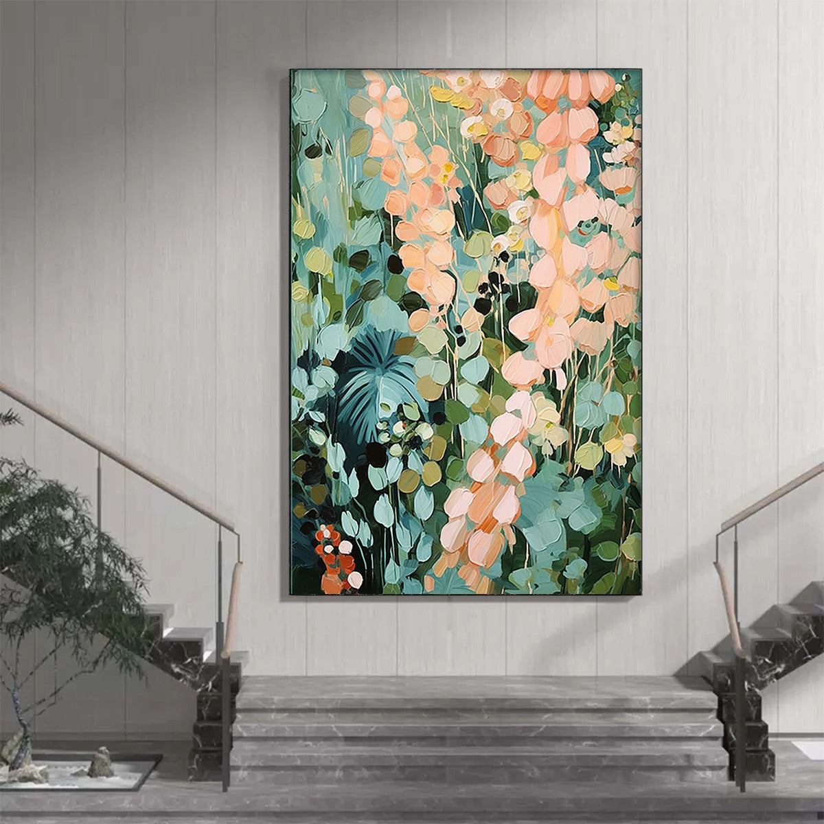 SECRET GARDEN: Vertical Abstract Floral Painting, Textured Green and Pink Garden, Living Room, Bedroom, Dining Room