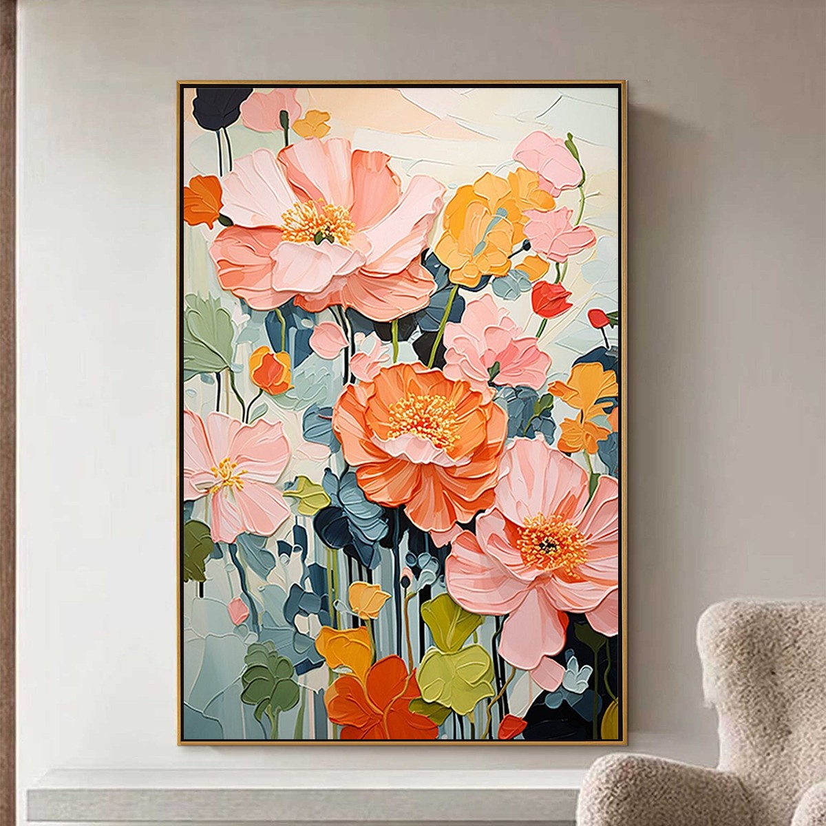 Spring Bouquet: Vertical Textured Floral Painting | Impasto Pink & Orange Flowers | Living Room, Bedroom, Dining Room