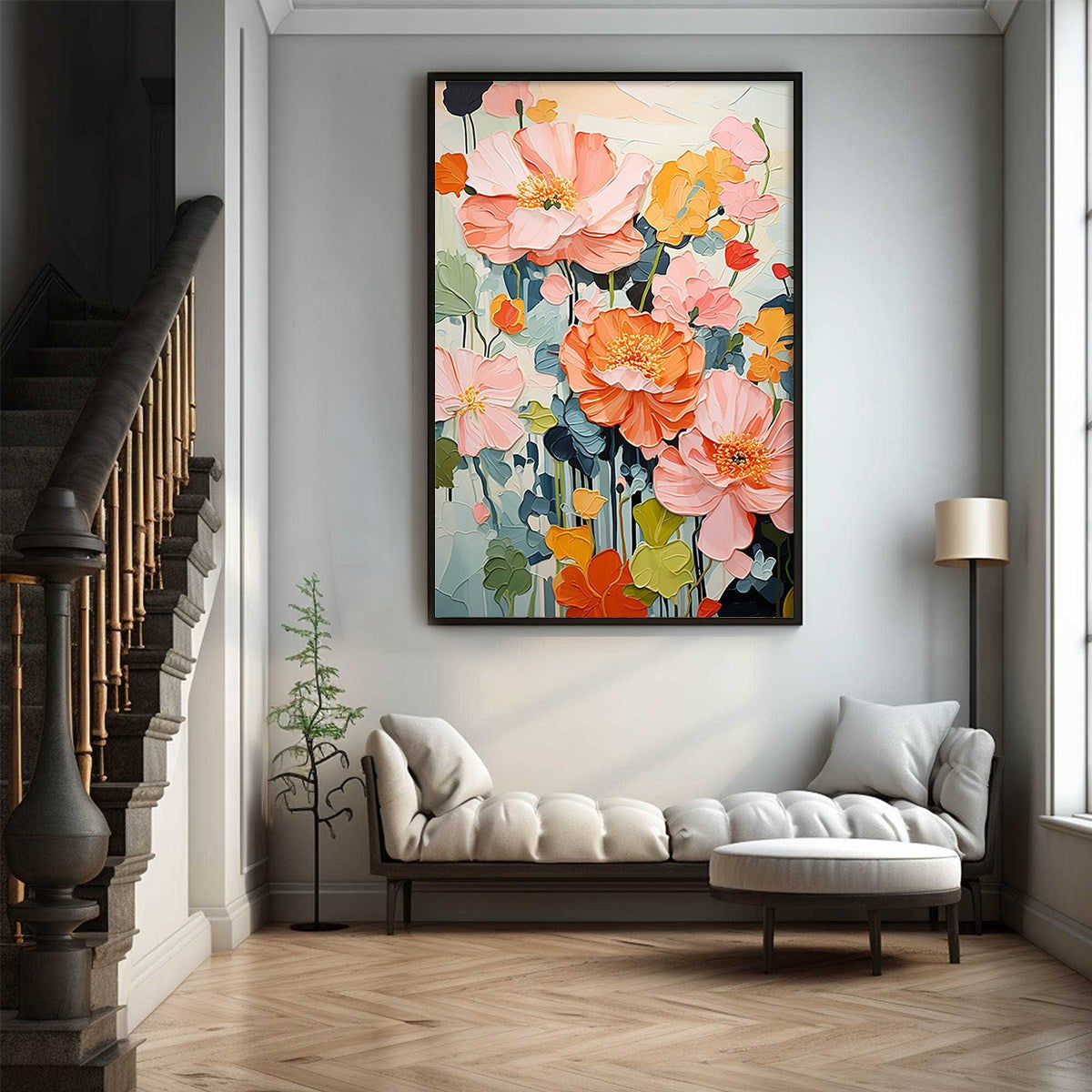 SPRING BOUQUET: Vertical Textured Floral Painting, Impasto Pink and Orange Flowers, Living Room, Bedroom, Dining Room