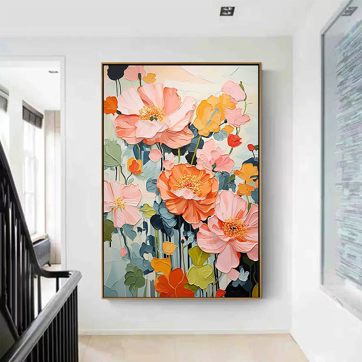 SPRING BOUQUET: Vertical Textured Floral Painting, Impasto Pink and Orange Flowers, Living Room, Bedroom, Dining Room