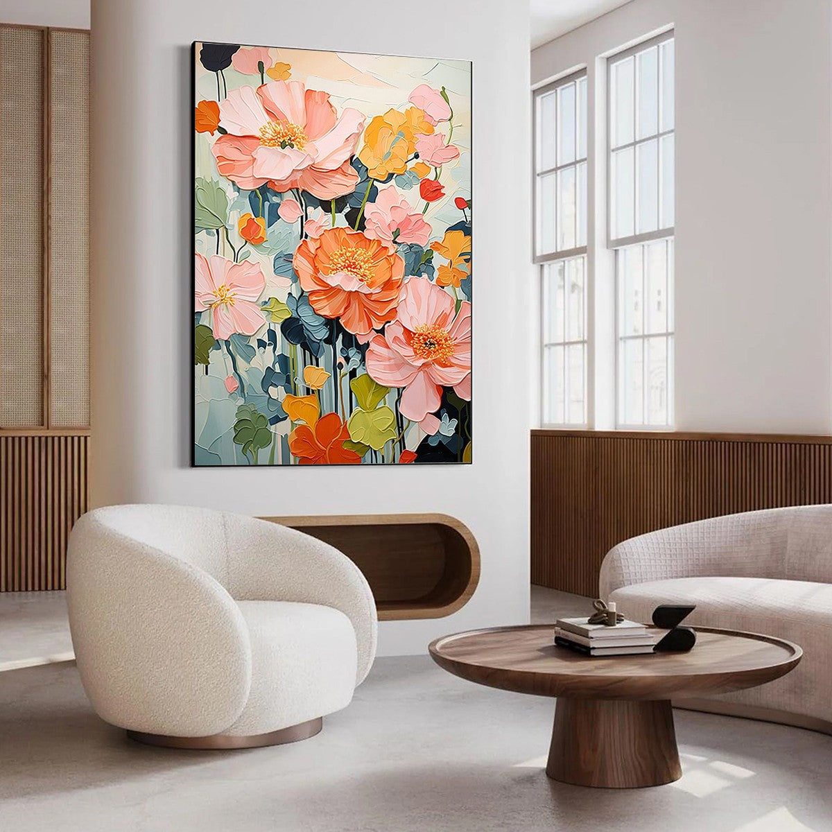 SPRING BOUQUET: Vertical Textured Floral Painting, Impasto Pink and Orange Flowers, Living Room, Bedroom, Dining Room