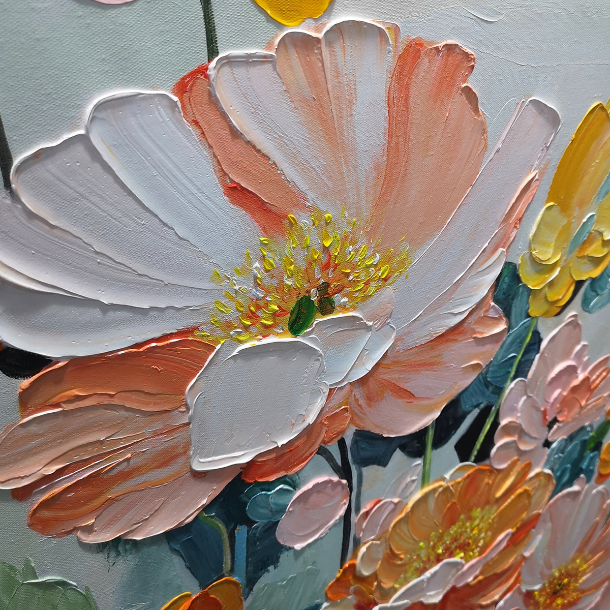 SPRING BOUQUET: Vertical Textured Floral Painting, Impasto Pink and Orange Flowers, Living Room, Bedroom, Dining Room