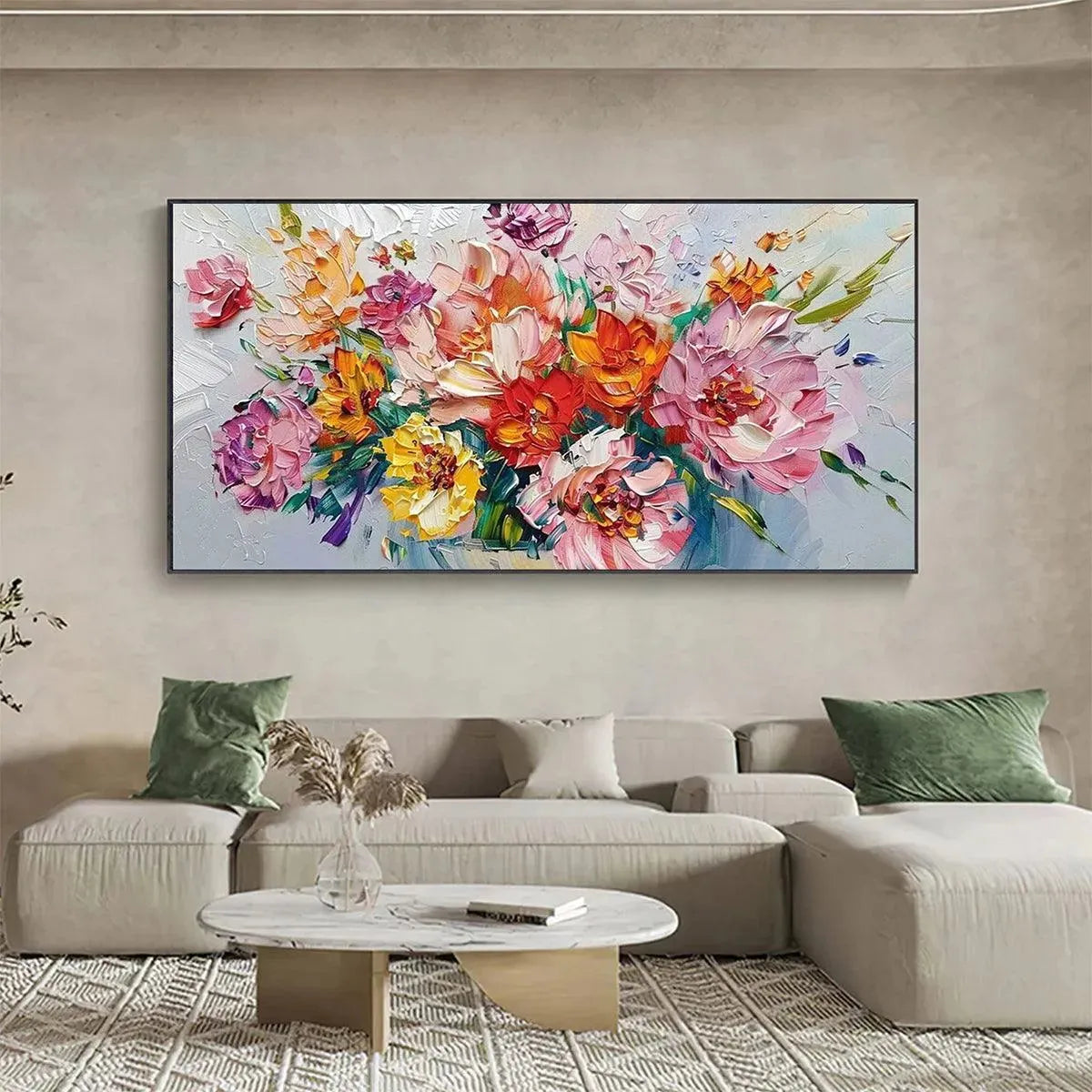 Vibrant impasto bouquet painting by Isabella Rossi, colorful textured artwork, displayed in living room.