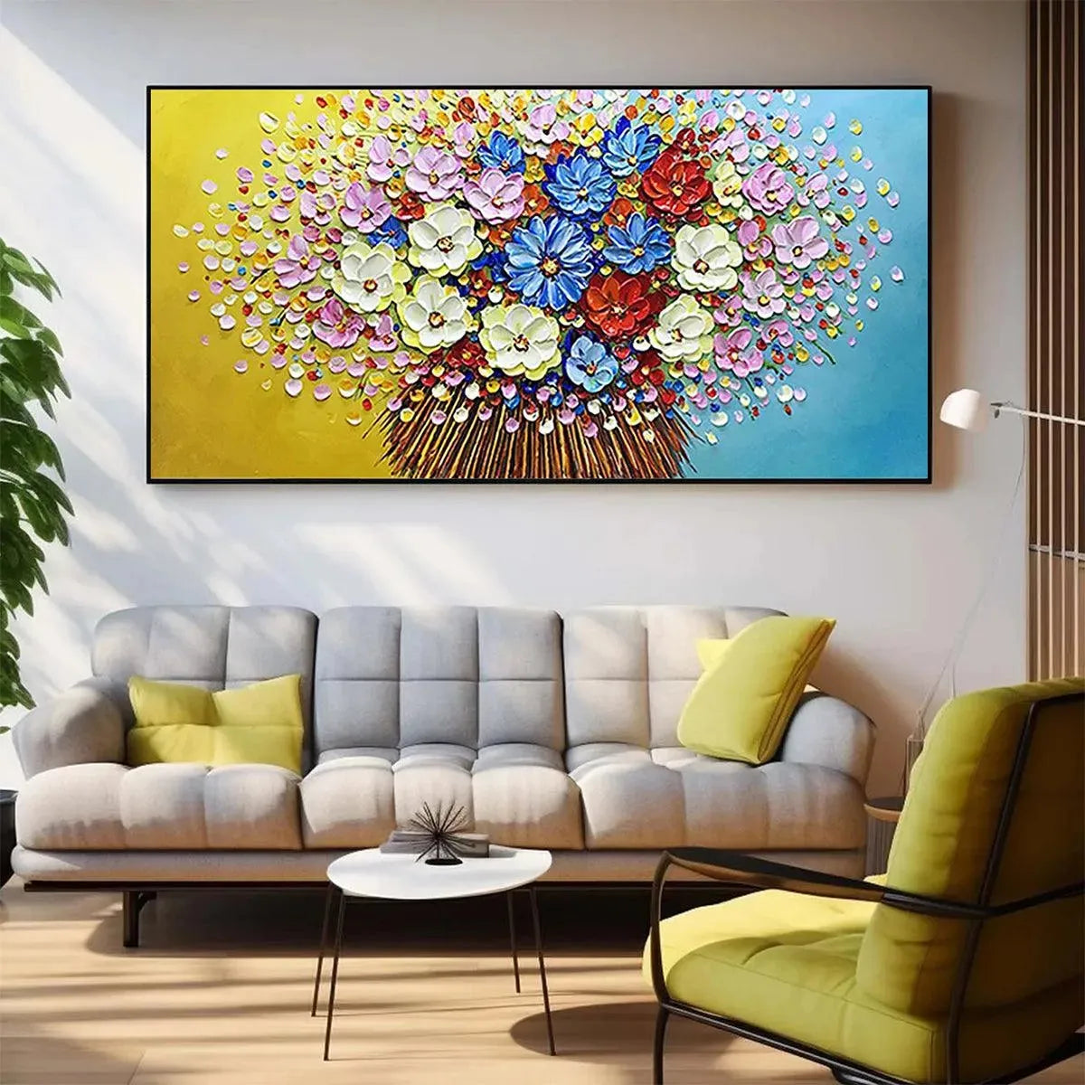 Textured impasto floral painting, vibrant bouquet in red, blue, white, pink on yellow and blue background in living room.