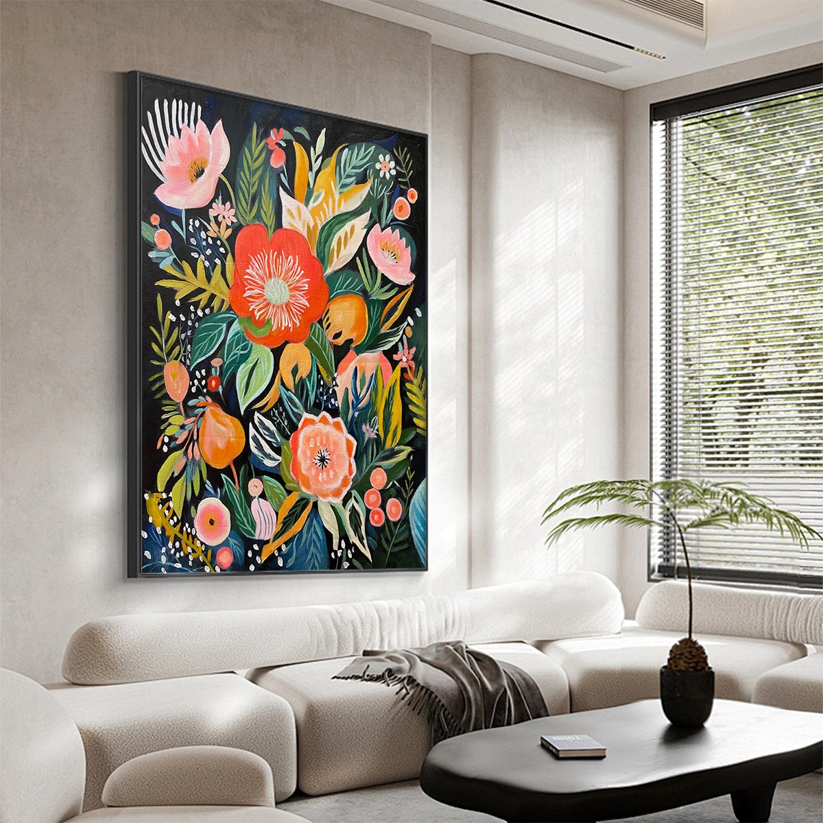 Midnight Garden: Floral Boho Oil Painting Canvas Wall Art Decor