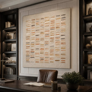 Warm beige geometric textured wall art in a modern office interior.