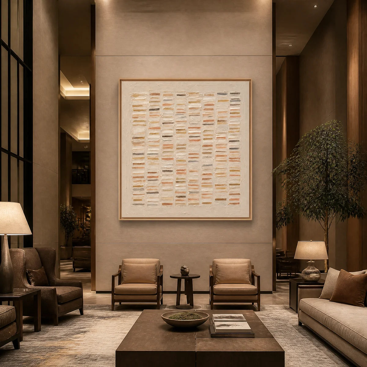 Warm beige geometric textured wall art with raised brushstroke grid in a wood frame displayed in a luxury hotel lobby.