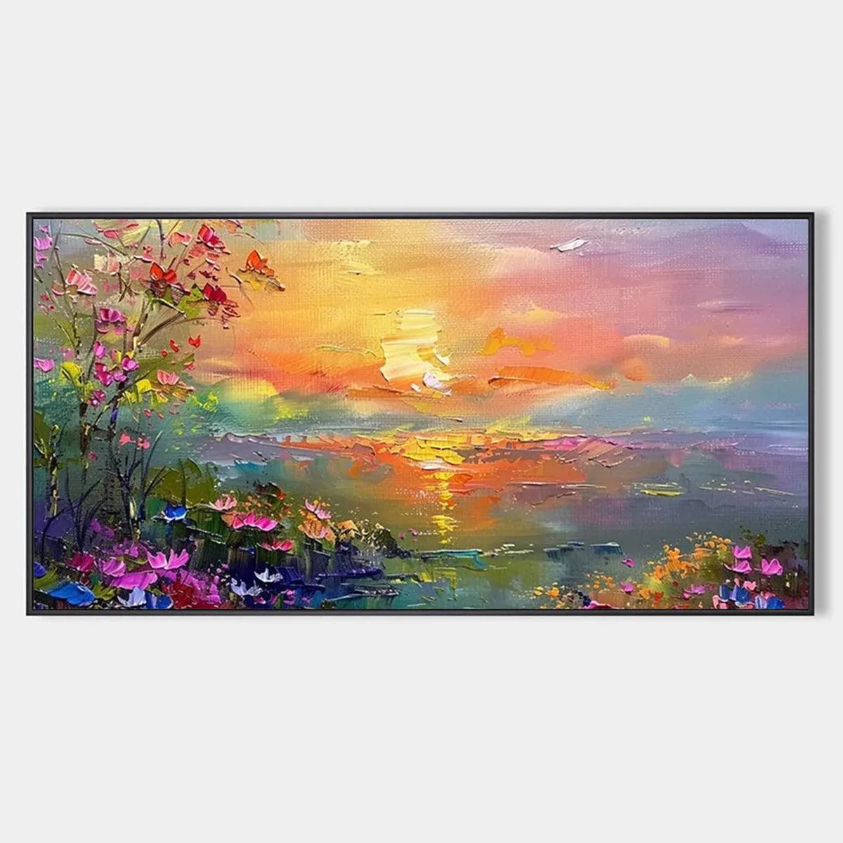 Impressionistic Landscape Painting with Sunset and Flowers