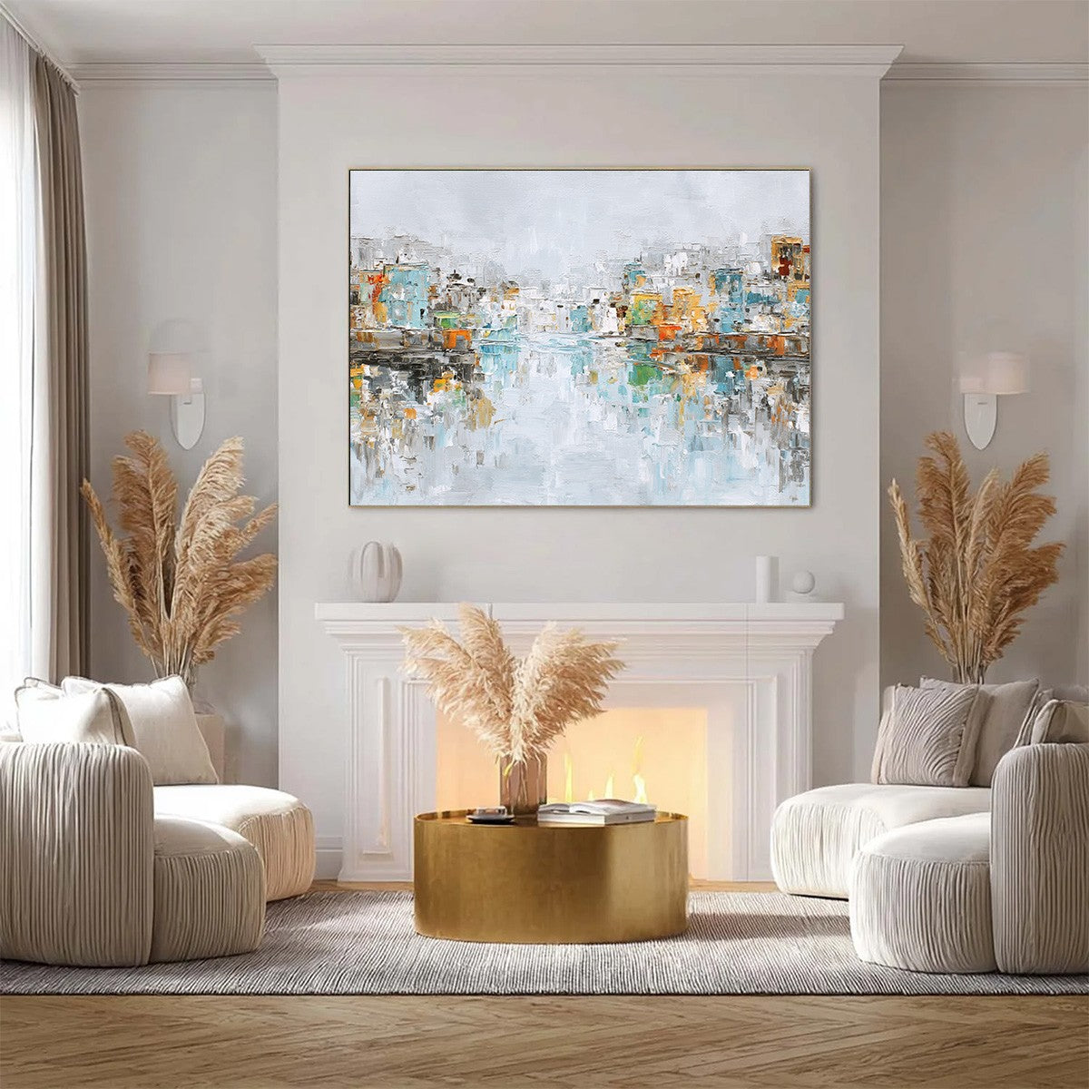 WATERFRONT VIBRANCY: Textured Abstract Cityscape Oil Painting on Canvas