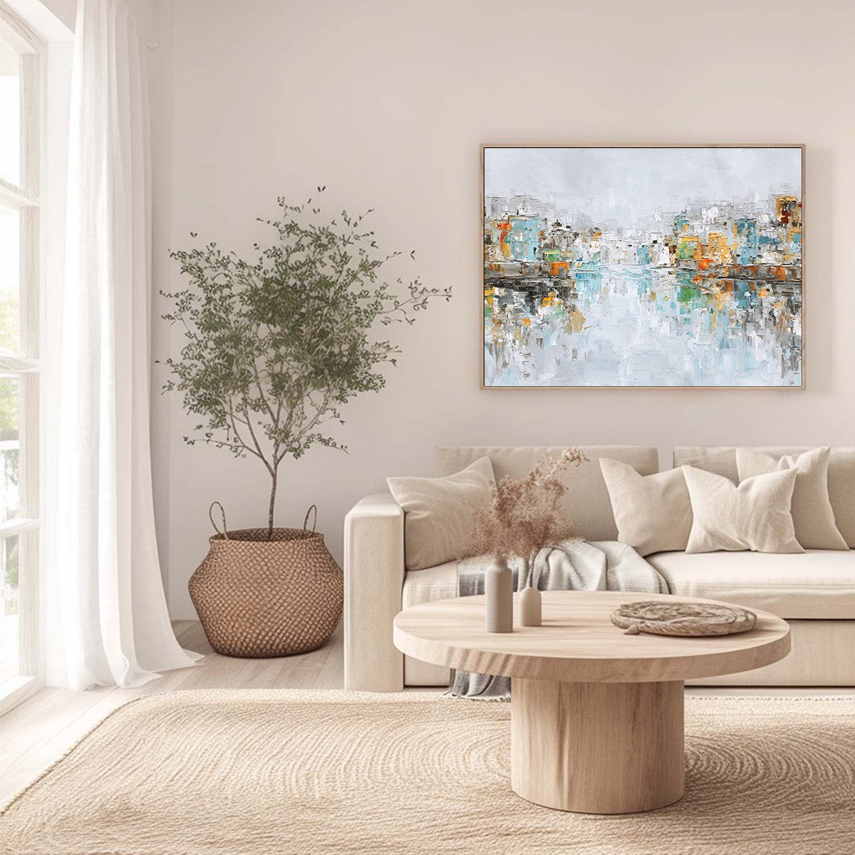 WATERFRONT VIBRANCY: Textured Abstract Cityscape Oil Painting on Canvas