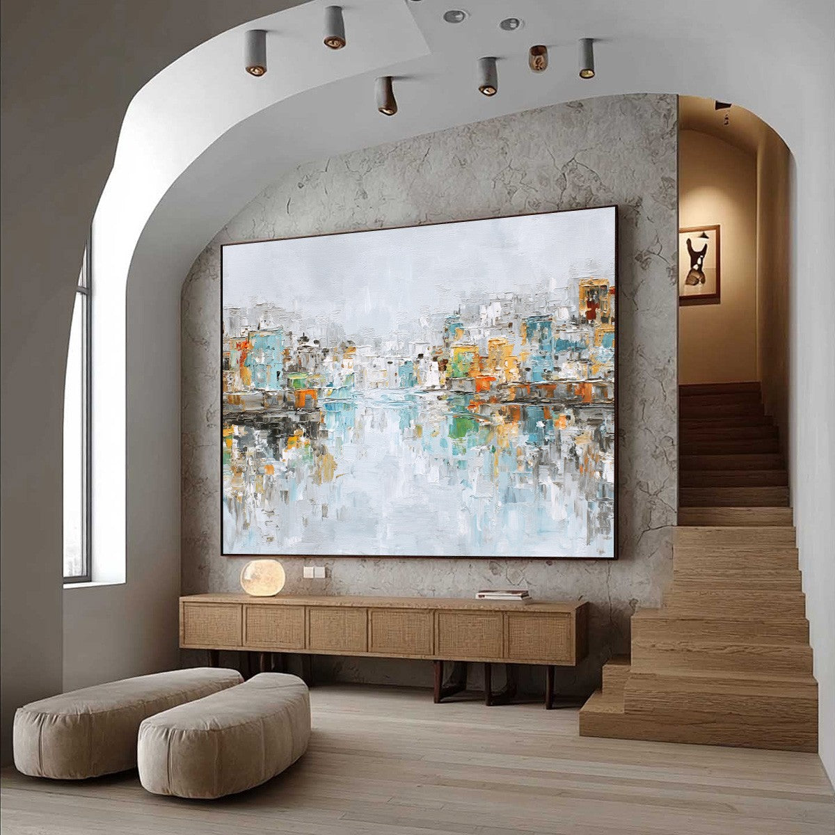 WATERFRONT VIBRANCY: Textured Abstract Cityscape Oil Painting on Canvas