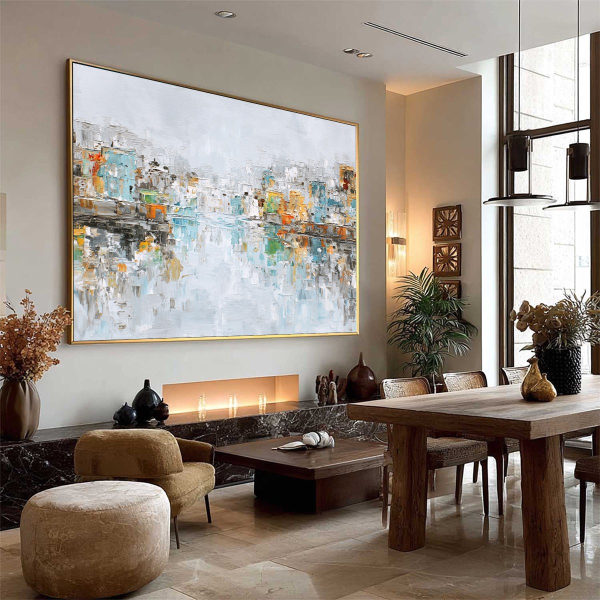 WATERFRONT VIBRANCY: Textured Abstract Cityscape Oil Painting on Canvas