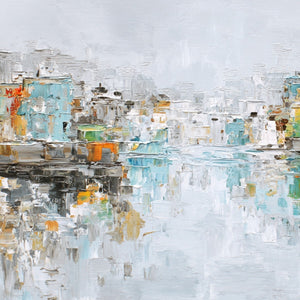 WATERFRONT VIBRANCY: Textured Abstract Cityscape Oil Painting on Canvas