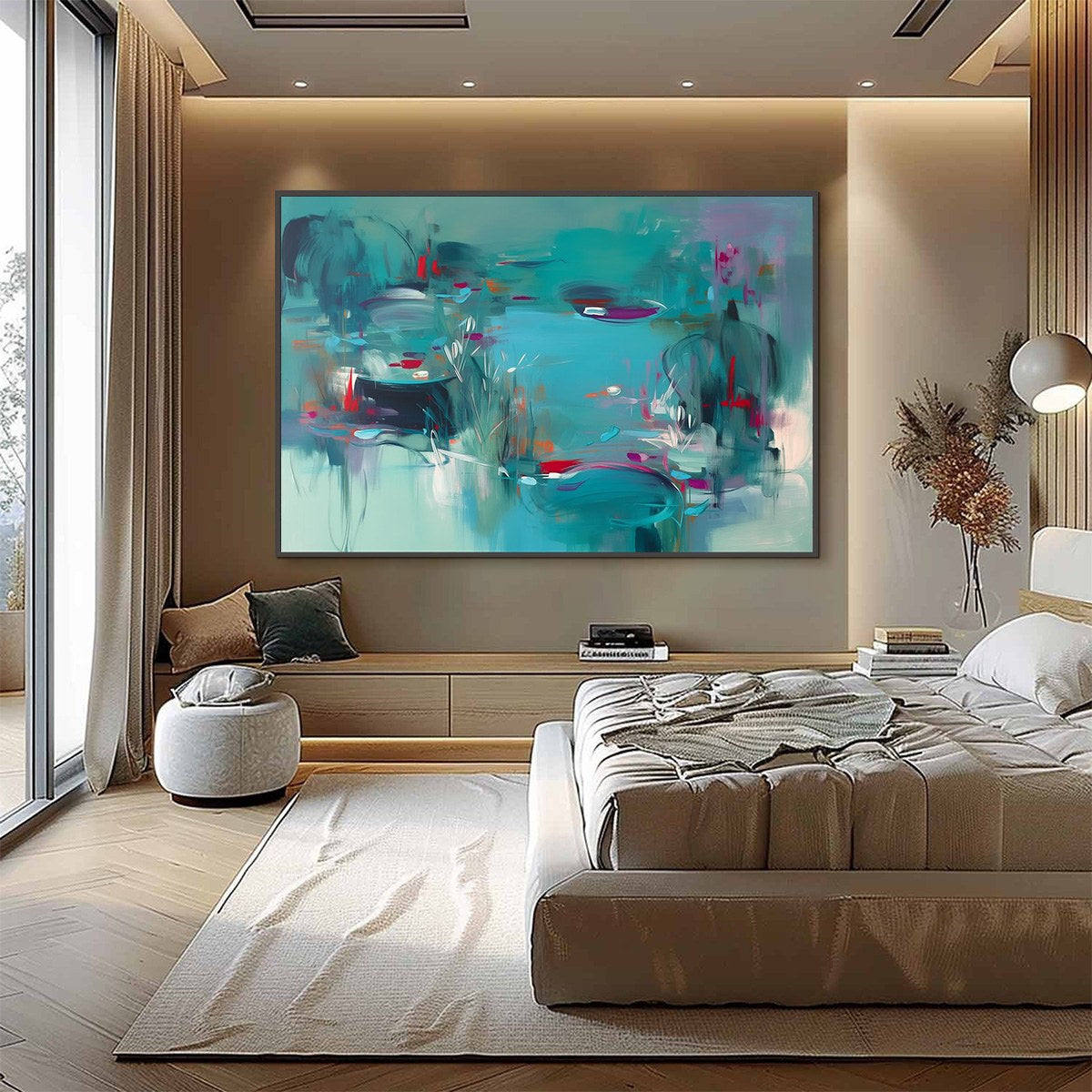 絵画 REVERIE 150-5 Lilac Reverie Abstract Oil Painting | Teal & Red Modern Wall Art