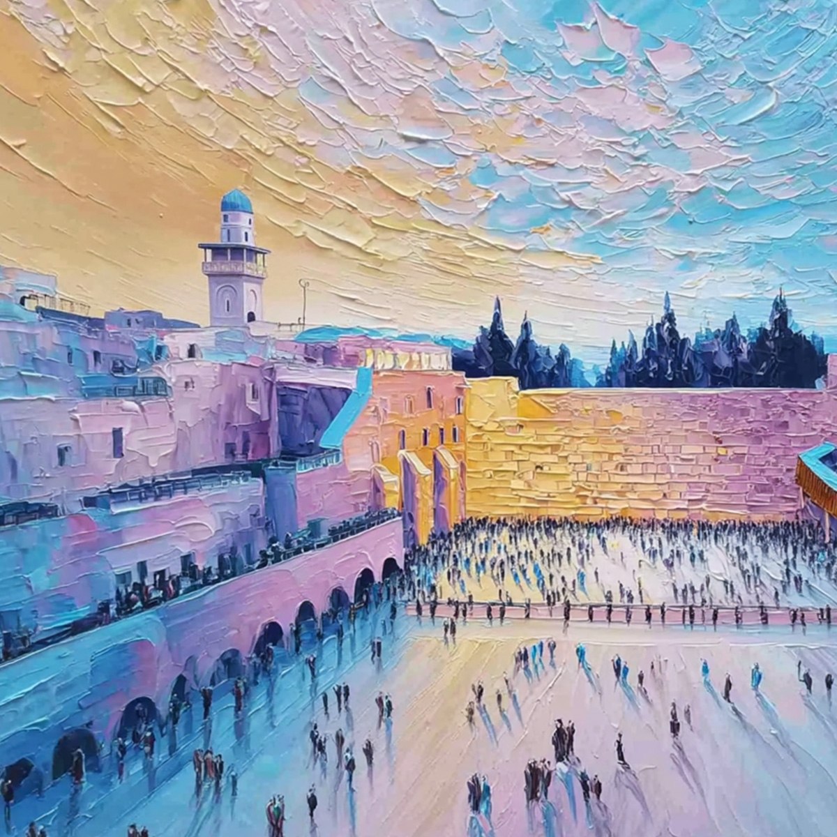 WESTERN WALL'S EMBRACE: Heavily Textured Impasto Jerusalem Cityscape Painting
