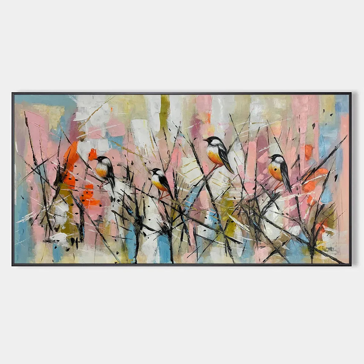 Panoramic Painting of Birds on Branches, Pastel Colors, Modern Wall Art, Pink, Blue