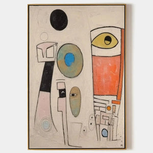 Whimsical Forms colorful abstract painting by Willow Davies. Modern wall art with bold colors in a gold frame.