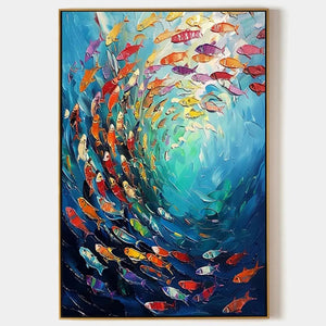 Vibrant oil painting 'Whirlpool of Fish' by Willow Davies: colorful impasto fish in blue, red, orange, yellow; gold framed.